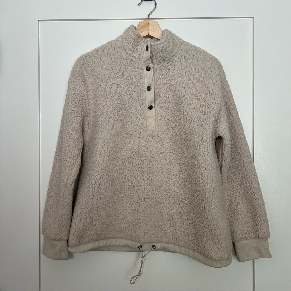 C&C California Sweater Top Womens Medium Ivory Faux Fur Fleece 1/4 Snap Relaxed